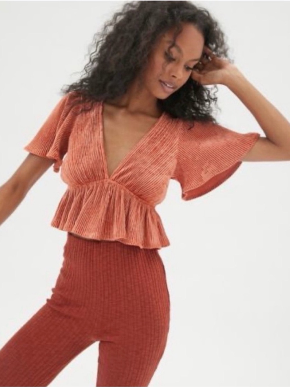 Urban Outfitters Terra Cotta Smitten Ribbed Crushed Velvet Peplum Top Size M